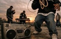 Rappare framför en boombox på en urban plats i kvällsljus