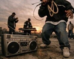 Rappare framför en boombox på en urban plats i kvällsljus